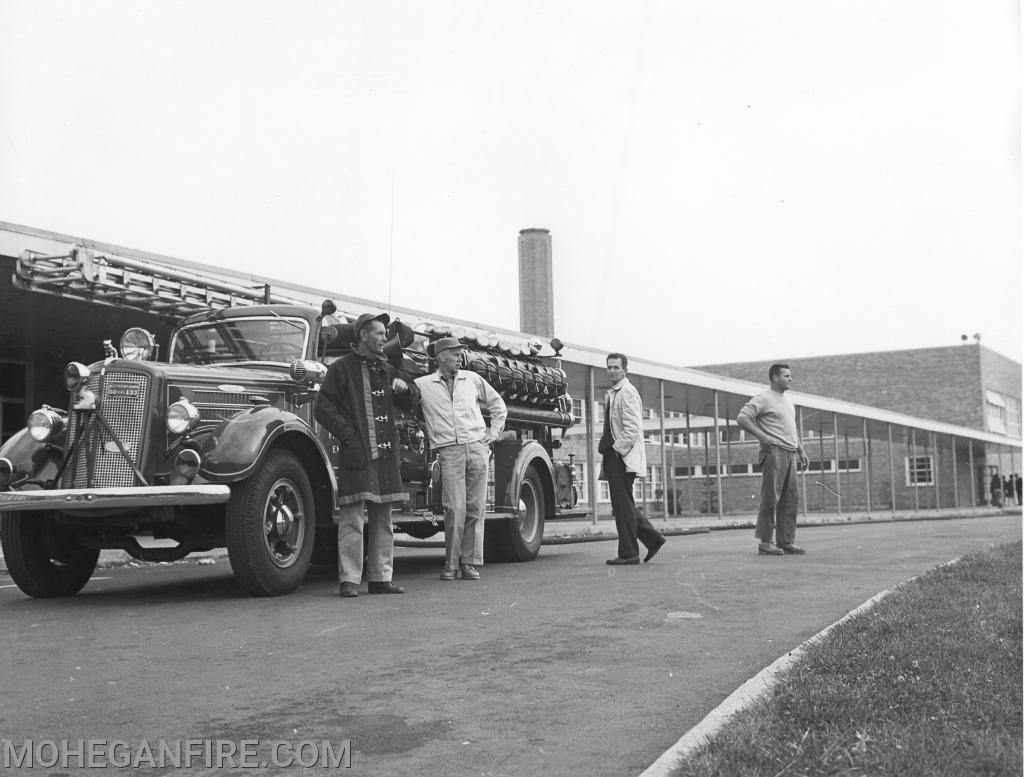 The Mack Engine 251 in front of now Van Cortlandtville Elementary School. Notice the ladders on top of the engine because we had no ladder truck yet.