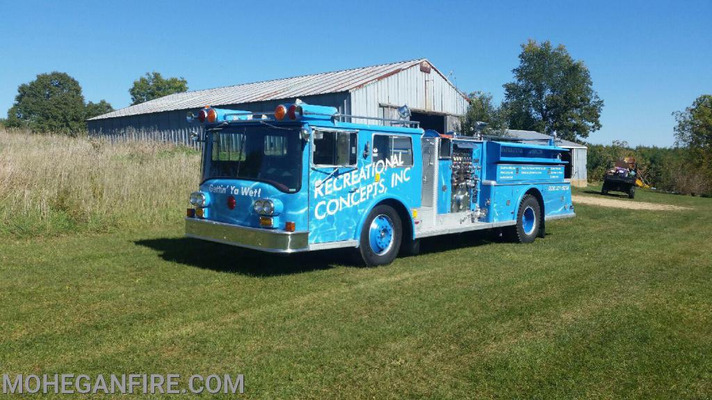 Former Engine 255 a 1972 Young Crusader pumper was sold to Linden Wisconsin Fire Dept and then to Recreational concepts a pool company for a rolling billboard