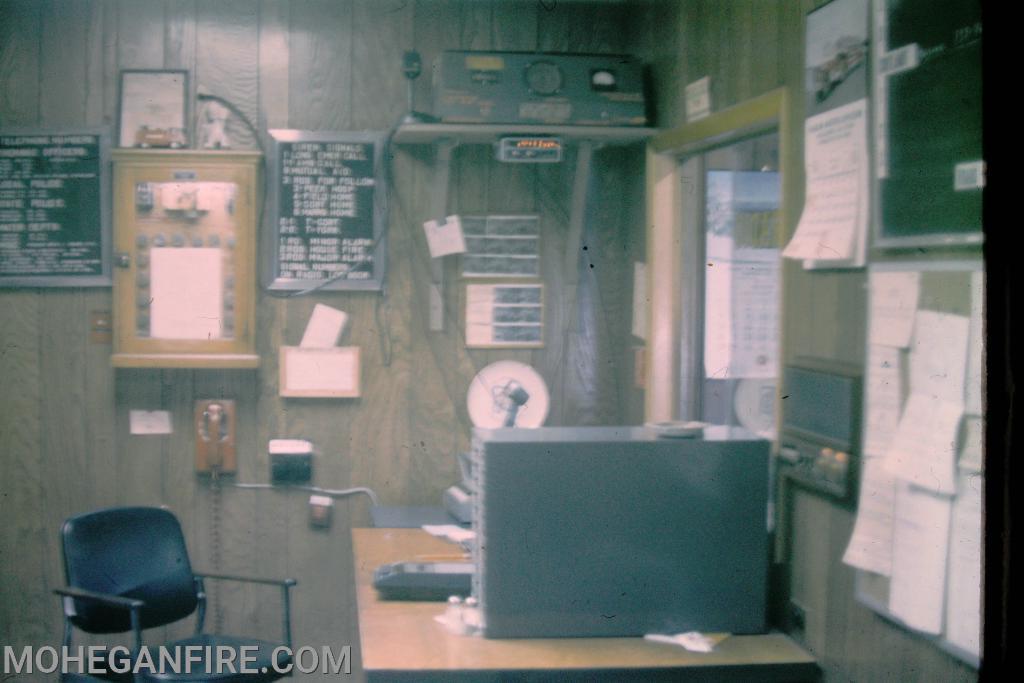 October 1969. The radio room in Headquarters. The wooden box on the wall housed the system to activate the firehouse siren for emergency calls.Photo by Jim Forbes 